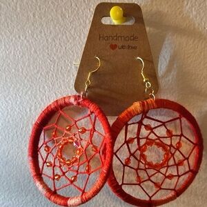 Handmade Red Dreamcatcher Hoop Earrings with Gold Hooks by